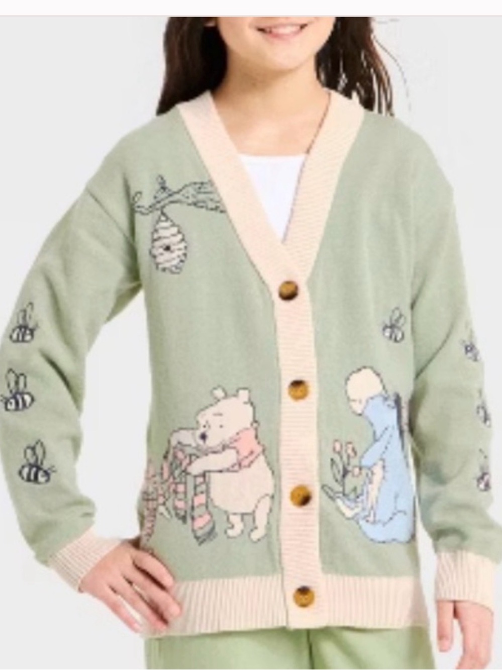Disney Kids Small & Med Winnie the Pooh Green Knit Cardigan Sweater